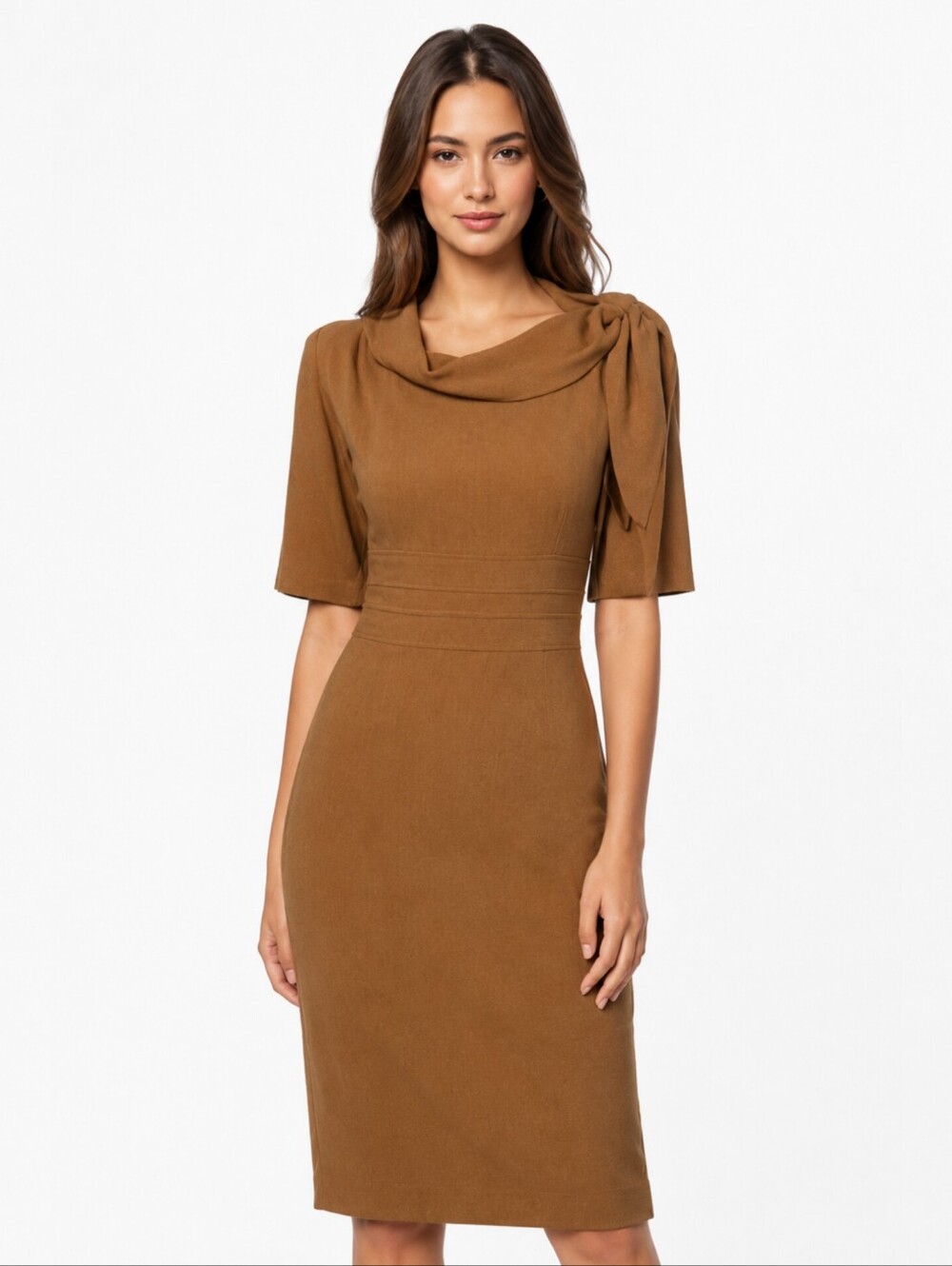 Suite 7 Camel Cowl Neck Sheath Dress with Shoulder Bow